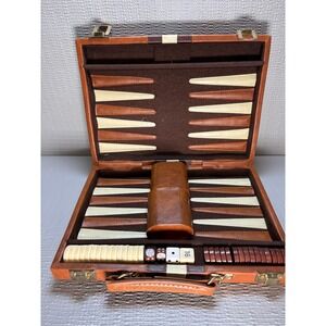 Vintage Backgammon Set Faux Leather Briefcase Travel Board Game Brown Stripe